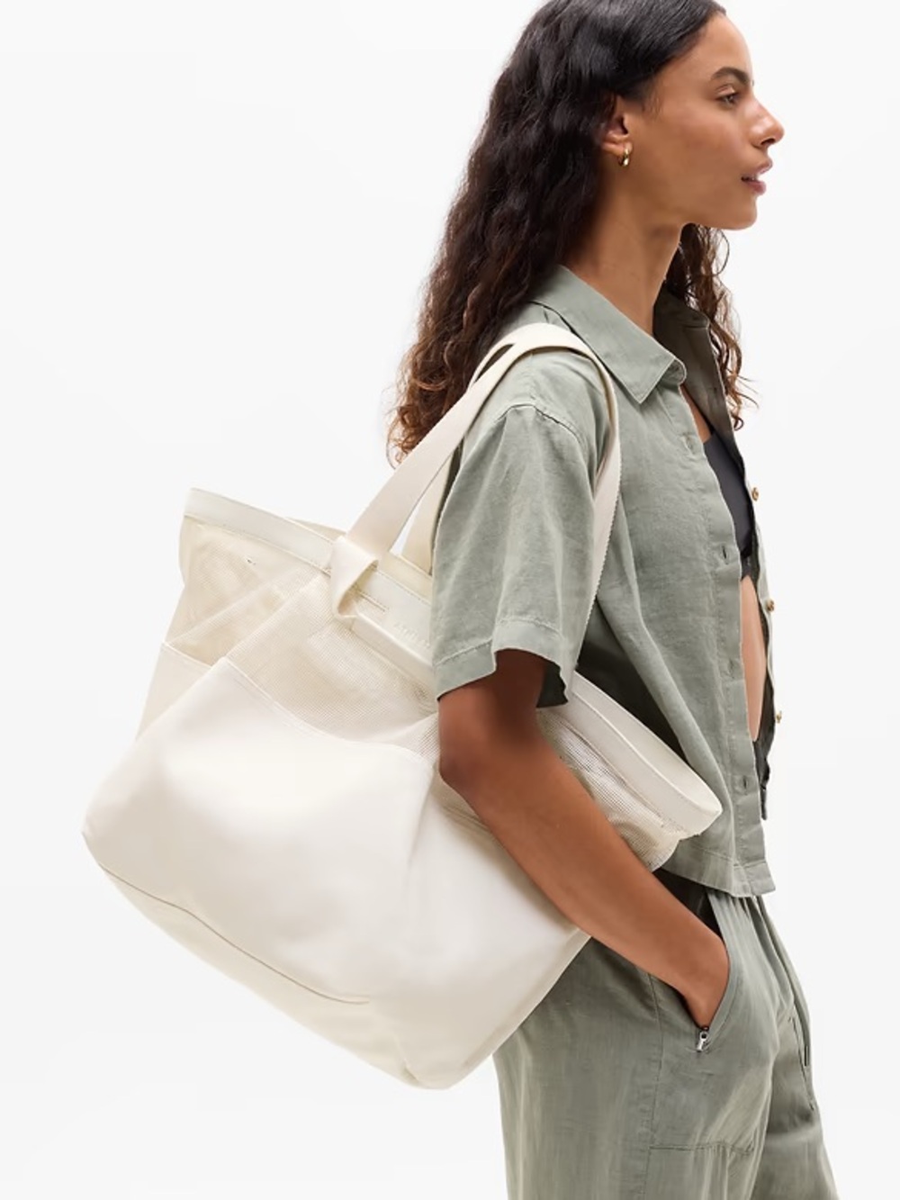 Athleta Cream Canvas & Mesh Tote